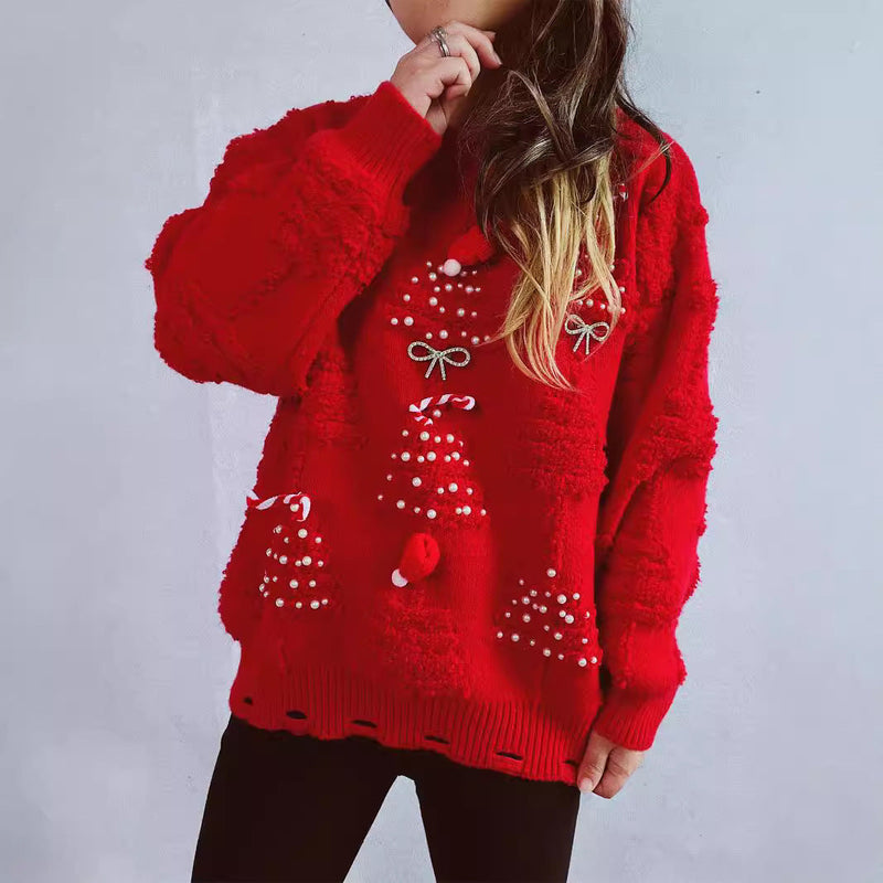 Women's Festive Sweater with Creative Christmas Motifs and Textured Design