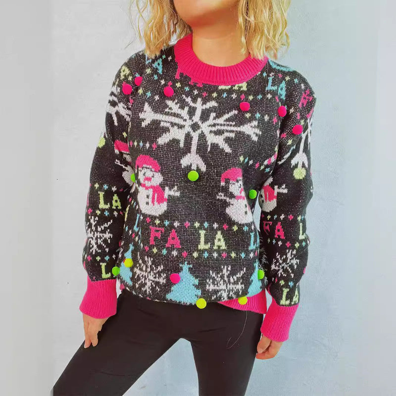Women's Festive Sweater with Colorful 3D Appliqués and Motif Design