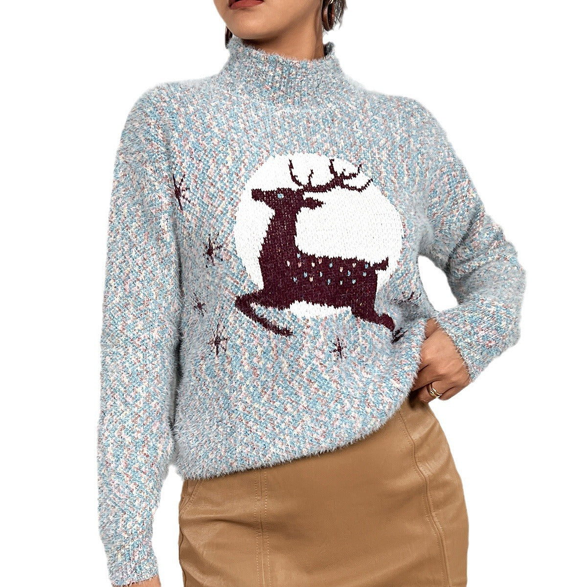 Women's Cozy Christmas Sweater with High Collar and Festive Reindeer Motif