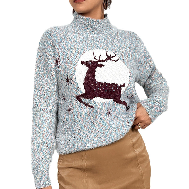Women's Cozy Christmas Sweater with High Collar and Festive Reindeer Motif
