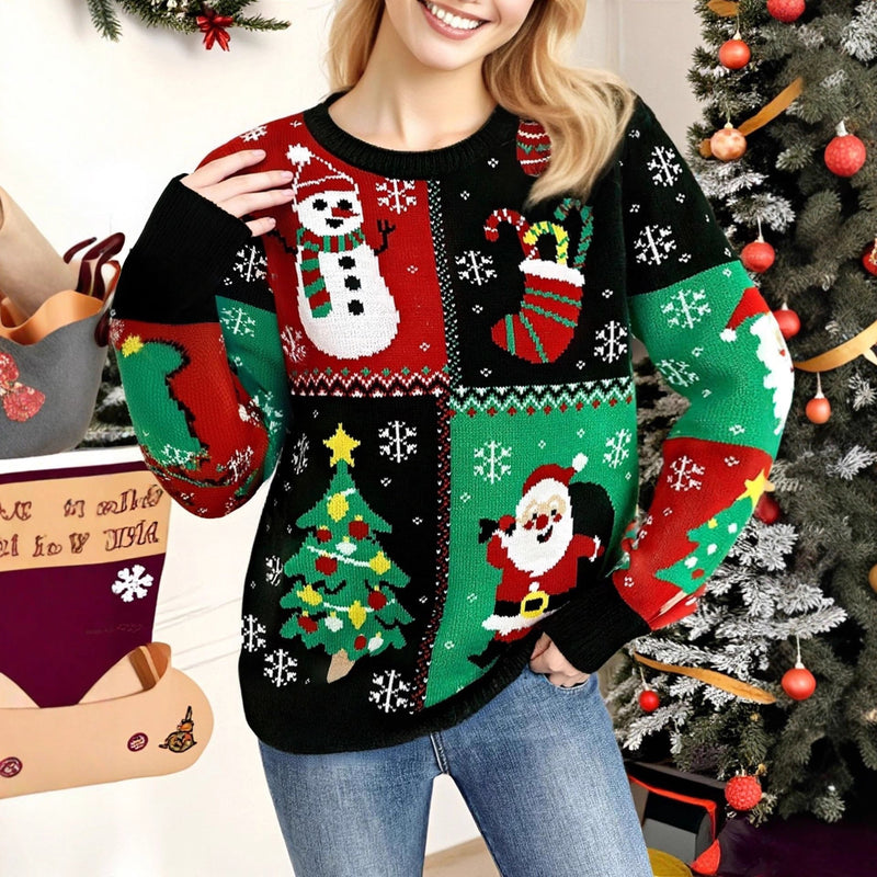Women's Christmas Sweater with Fun Snowman and Christmas Tree Motif
