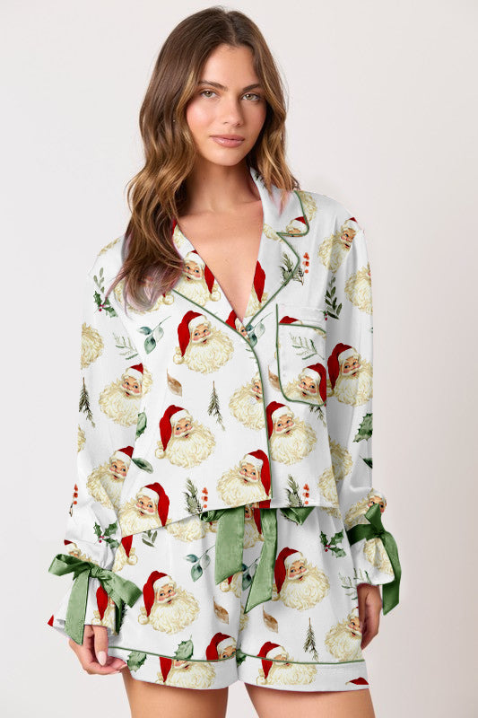 Women's Pajama Set with Festive Christmas Motif and Elegant Ruffle Details