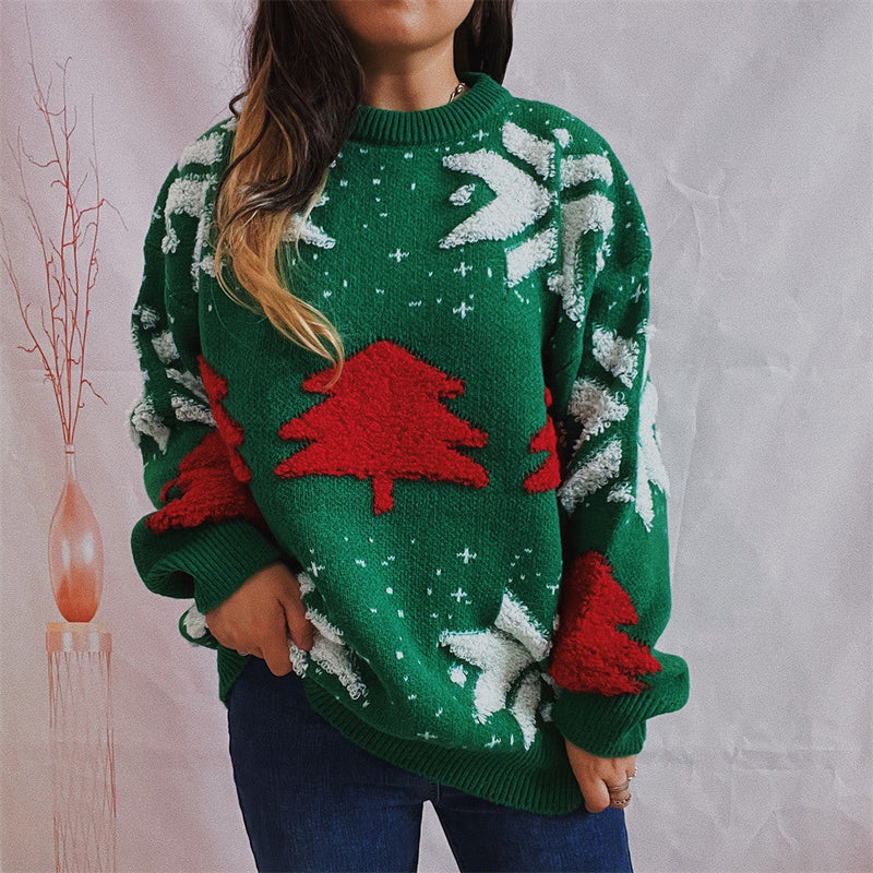 Women's Christmas Sweater with Festive Motif and Voluminous Sleeves