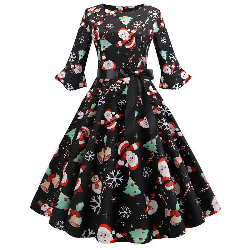 Women's Christmas Festive Dress with Swing Skirt and Long Sleeves