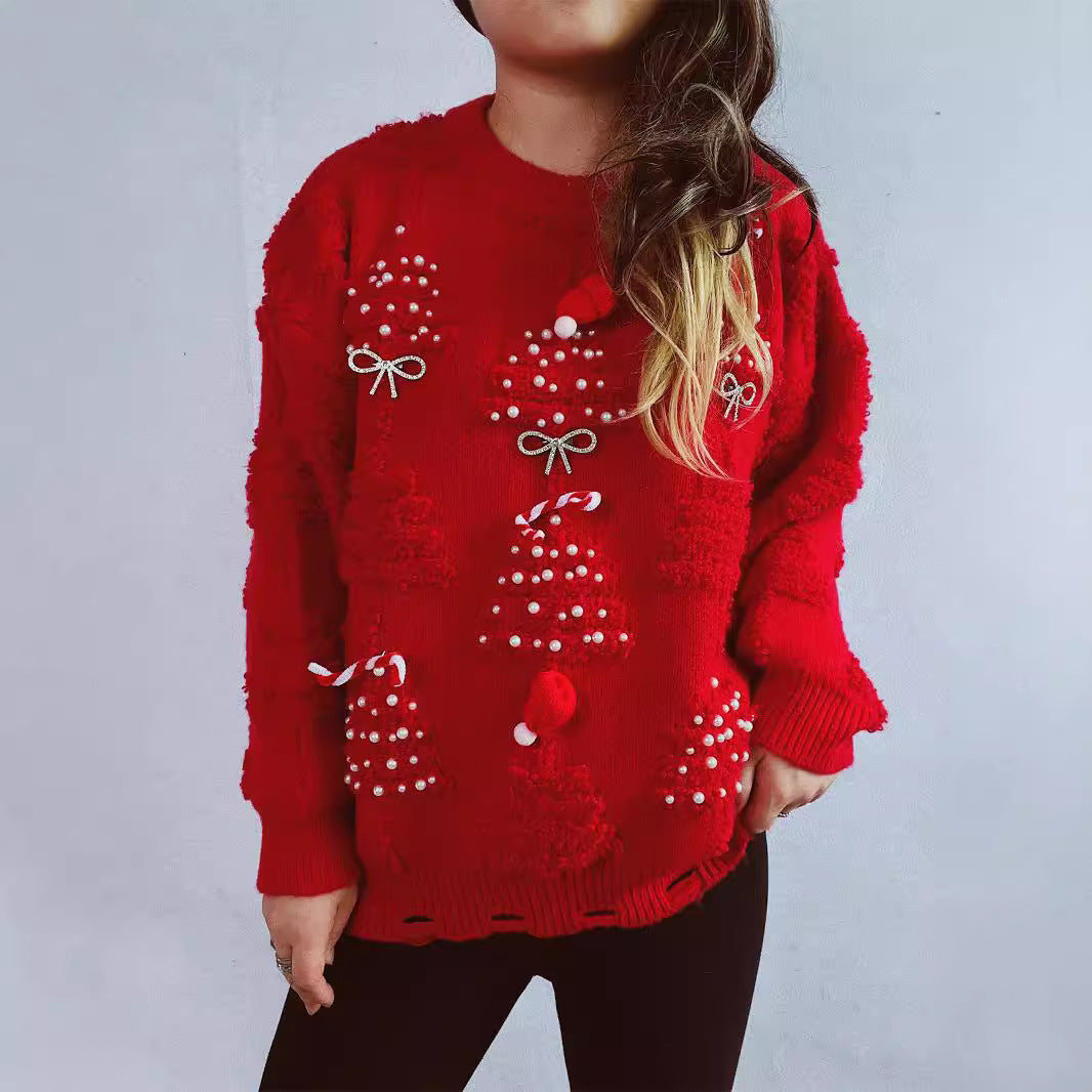 Women's Festive Sweater with Creative Christmas Motifs and Textured Design