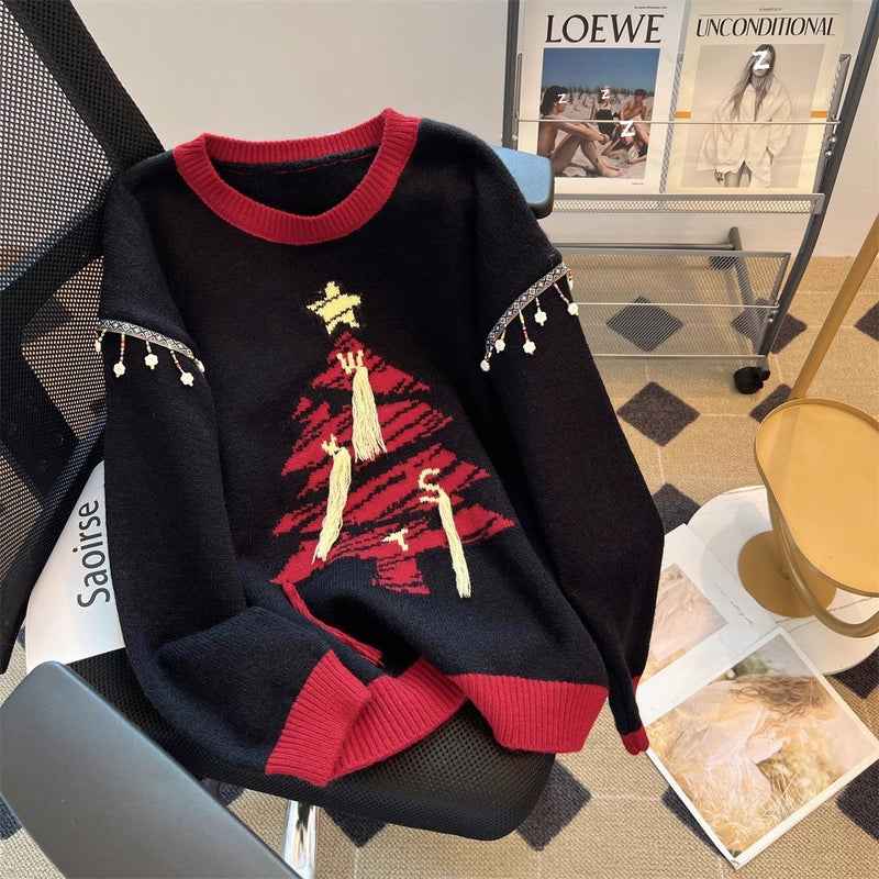 Women's Festive Knit Sweater with Fir Tree Motif and Playful Accents R&B