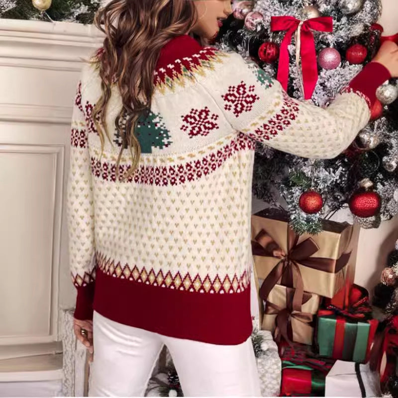 Women's Festive Knit Sweater with Fir Tree Design and Soft Material