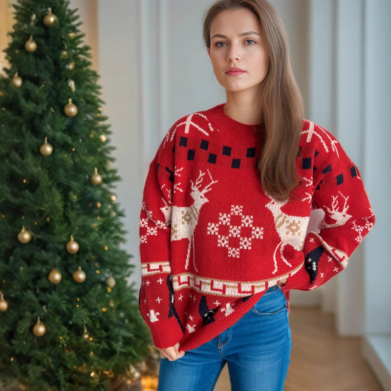 Women's Patterned Christmas Sweater with Festive Reindeer Design and Oversized Cut