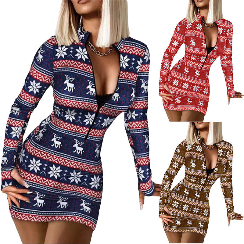 Women's Fitted Christmas Dress with Zipper R&B
