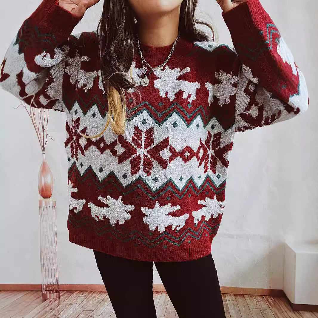 Women's Festive Knit Sweater with Christmas Design and High Collar R&B