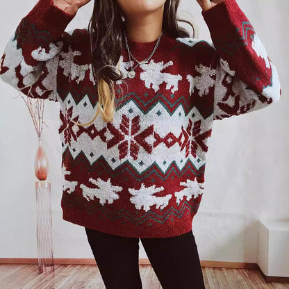 Women's Festive Knit Sweater with Christmas Design and High Collar