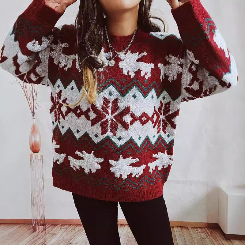 Women's Festive Knit Sweater with Christmas Design and High Collar R&B