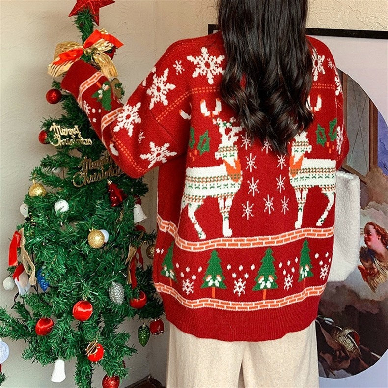 Women's Festive Sweater with 3D Reindeer Motif and High Collar R&B