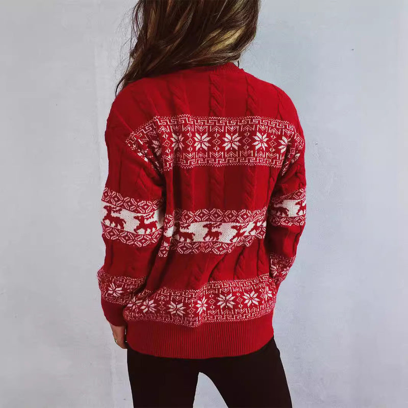 Women's Knit Sweater with Festive Reindeer Motif and Cable Pattern