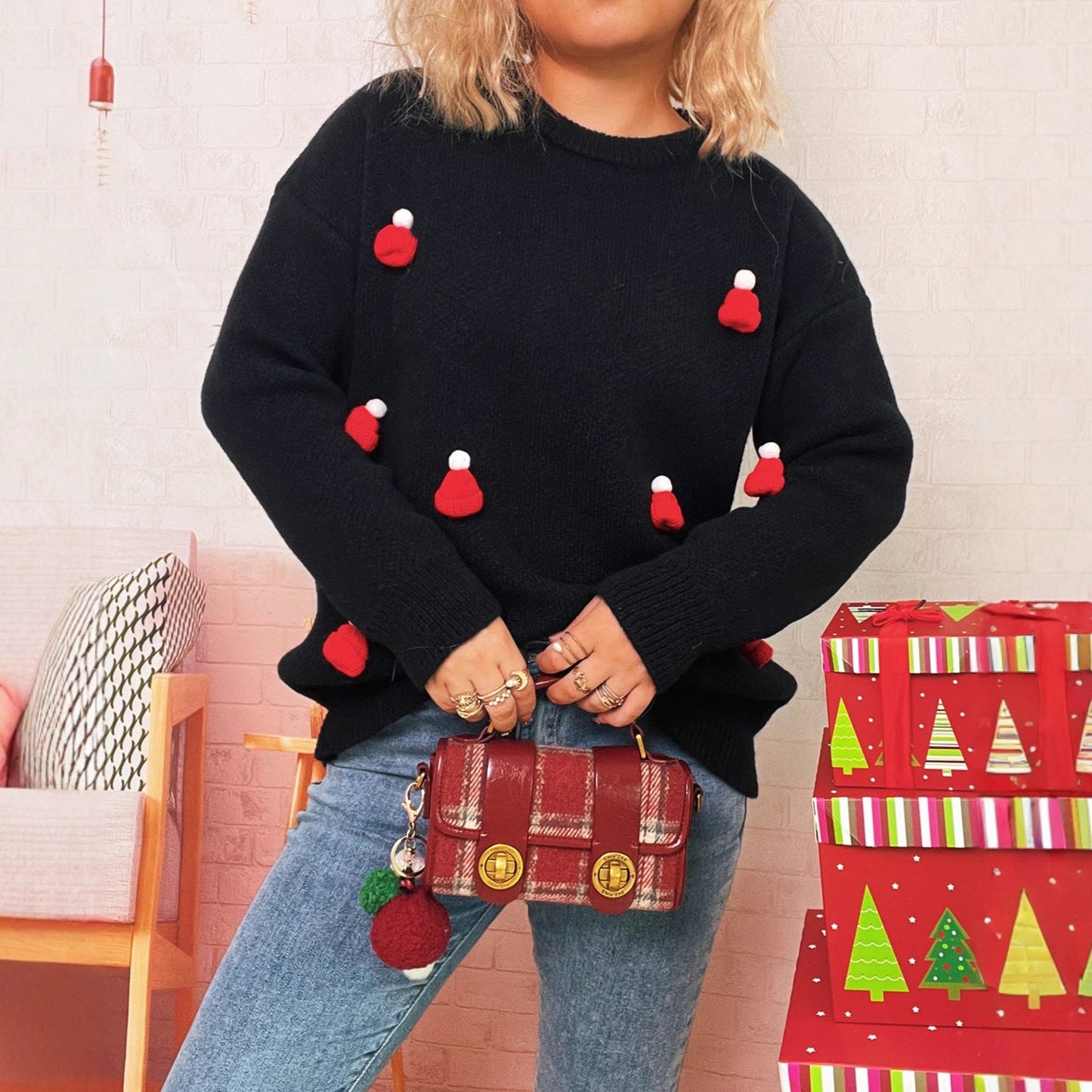 Women's Cozy Christmas Sweater with Festive Appliqués