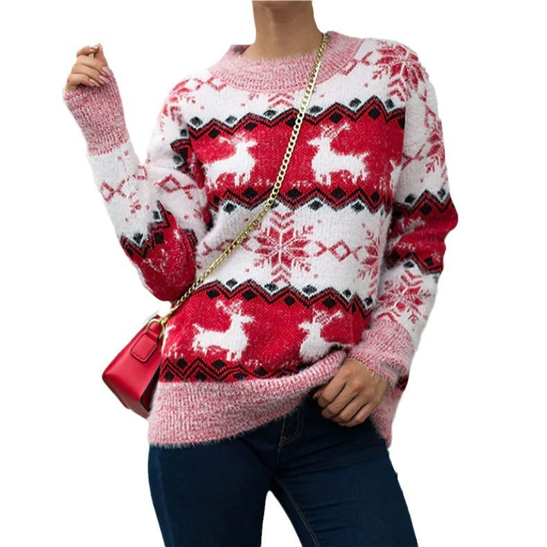 Women's Knit Sweater with Festive Reindeer and Snowflake Motif