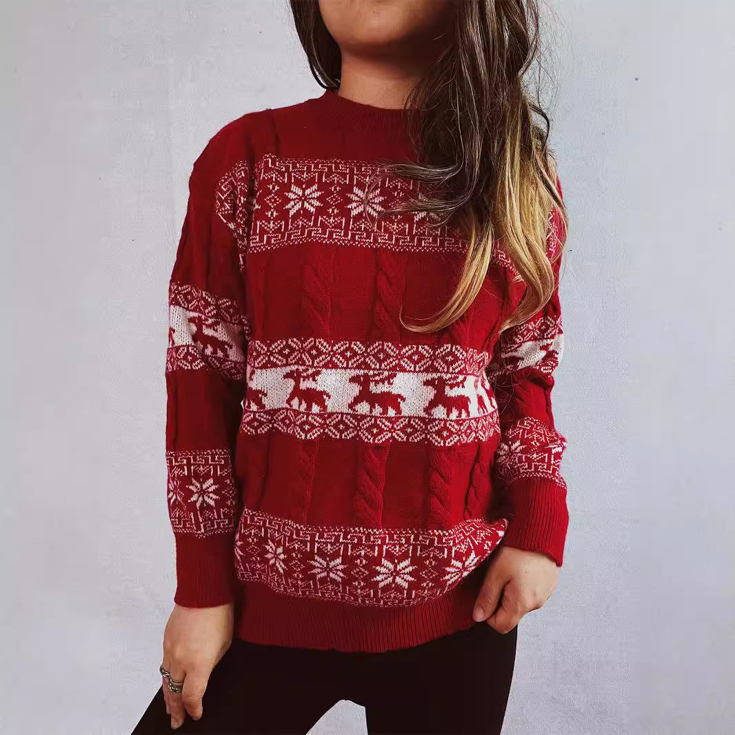 Women's Knit Sweater with Festive Reindeer Motif and Cable Pattern