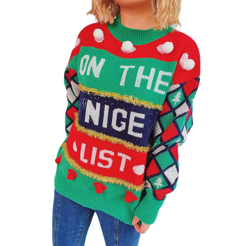 Women's Festive Sweater with Colorful Appliqués and Playful Design