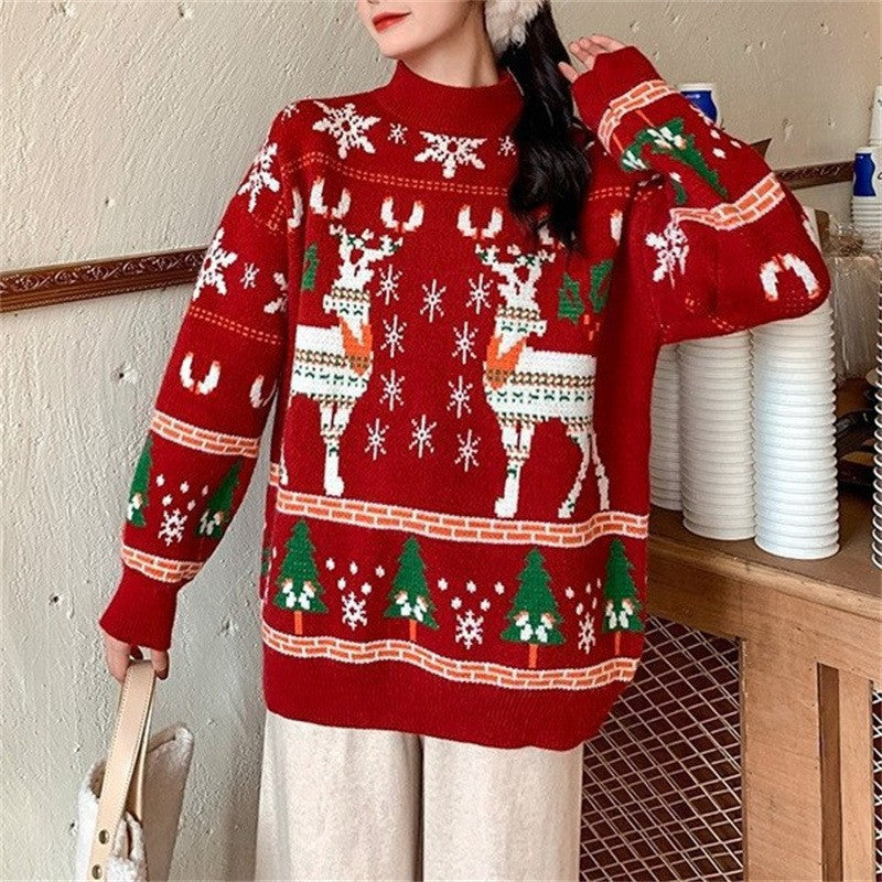 Women's Festive Sweater with 3D Reindeer Motif and High Collar R&B