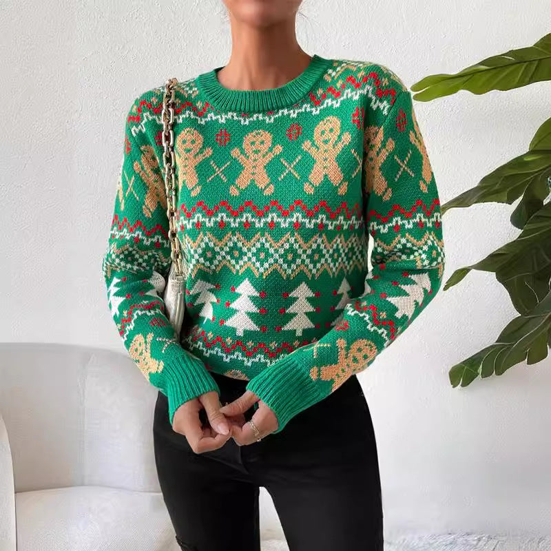 Women's Festive Christmas Sweater with Playful Gingerbread Motif and Classic Crew Neck