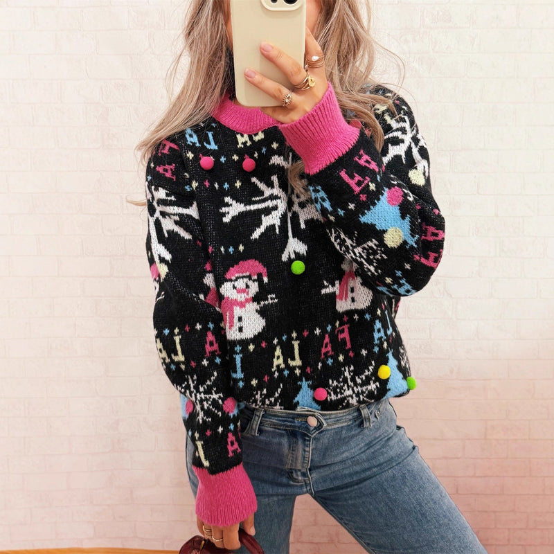 Women's Festive Sweater with Colorful Christmas Motifs and Playful Details
