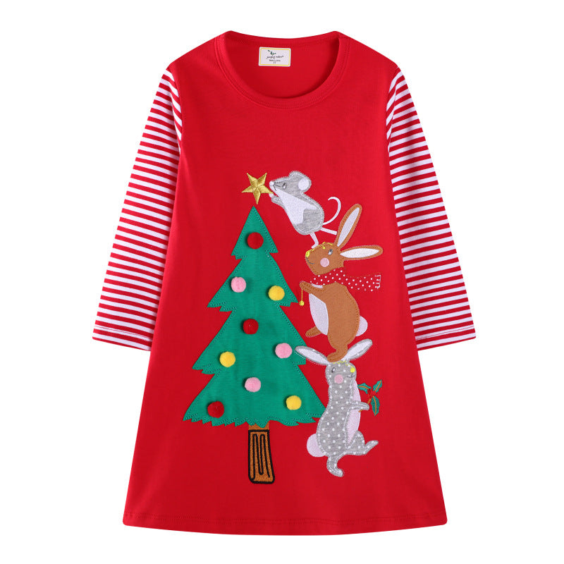 Girls' Cotton Dress with Festive Animal and Christmas Tree Design