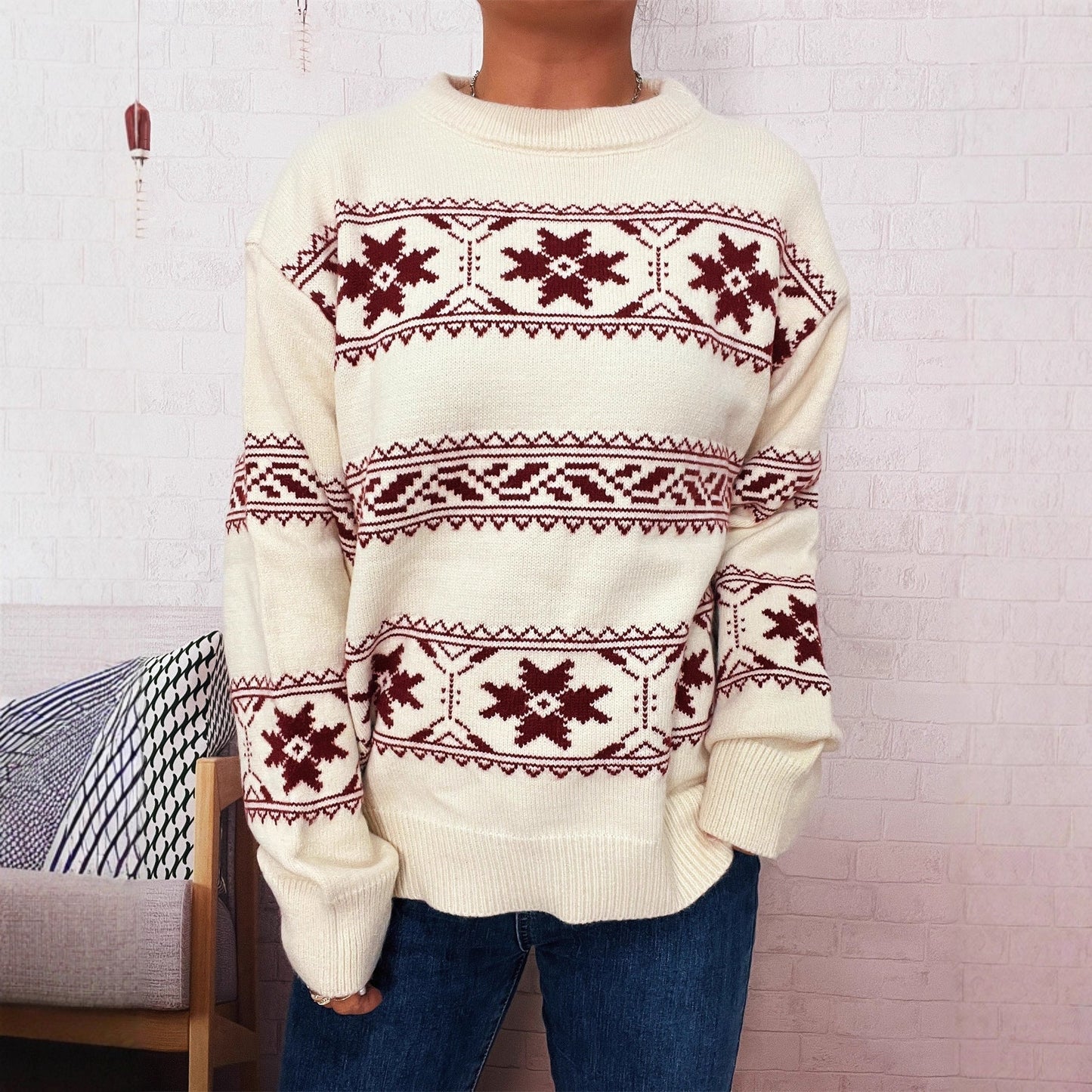 Women's Winter Sweater with Festive Snow Pattern and Soft Knit R&B