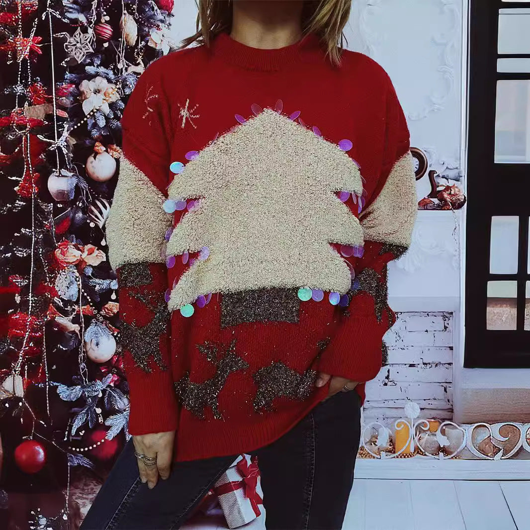 Women's Festive Sweater with Christmas Motif and Glitter Appliqués