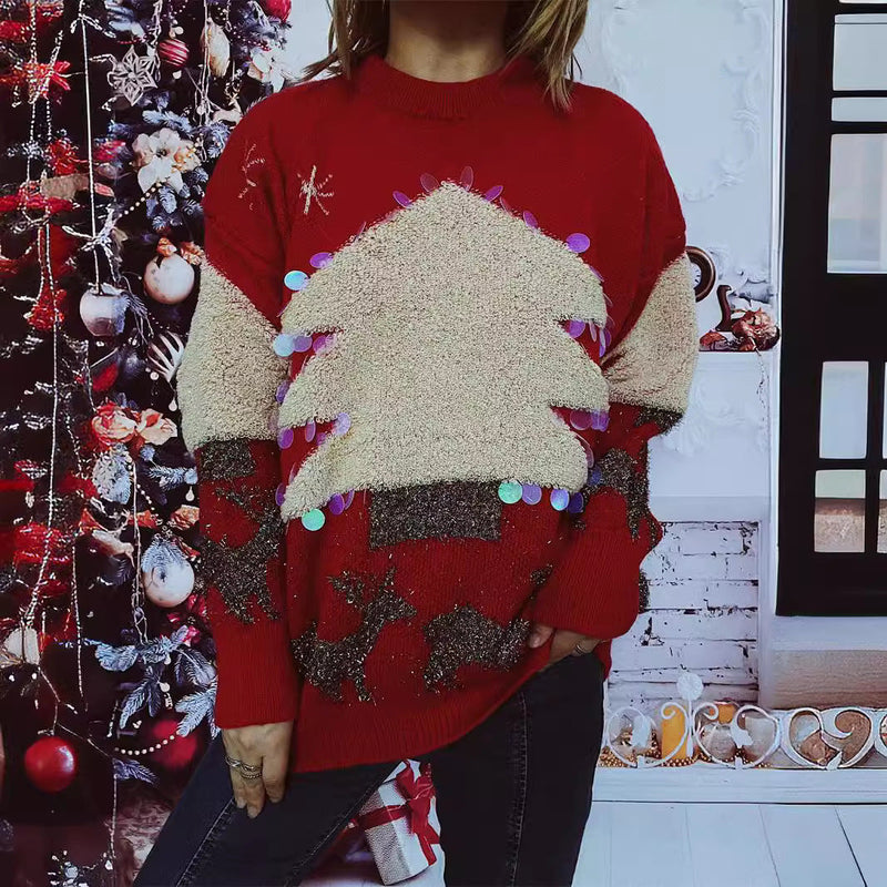 Women's Festive Sweater with Christmas Motif and Glitter Appliqués