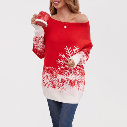 Women's Christmas Knit Sweater with Casual Cut and Snowflake Motif