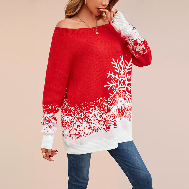 Women's Festive Christmas Sweater with Elegant Snowflake Motif and Off-Shoulder Design