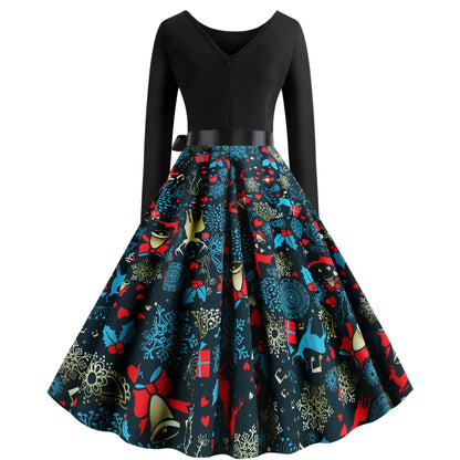 Women's Skirt with Colorful Christmas Pattern and Elegant Waist Tie