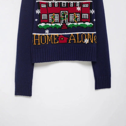 Women's Knitted Crop Sweater with Christmas Motif and Raglan Sleeves