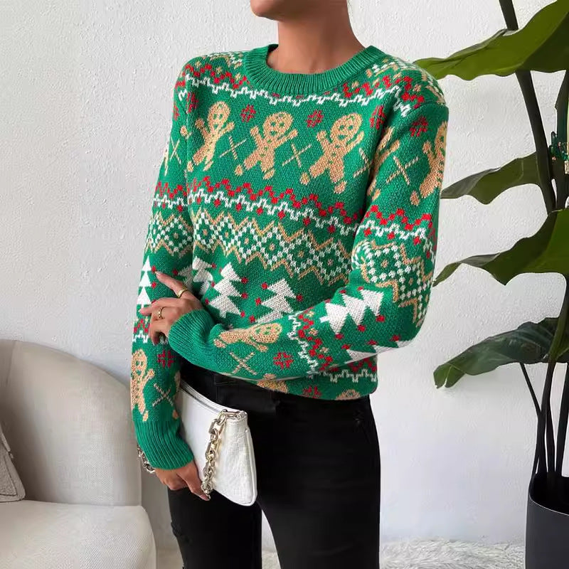 Women's Festive Christmas Sweater with Playful Gingerbread Motif and Classic Crew Neck