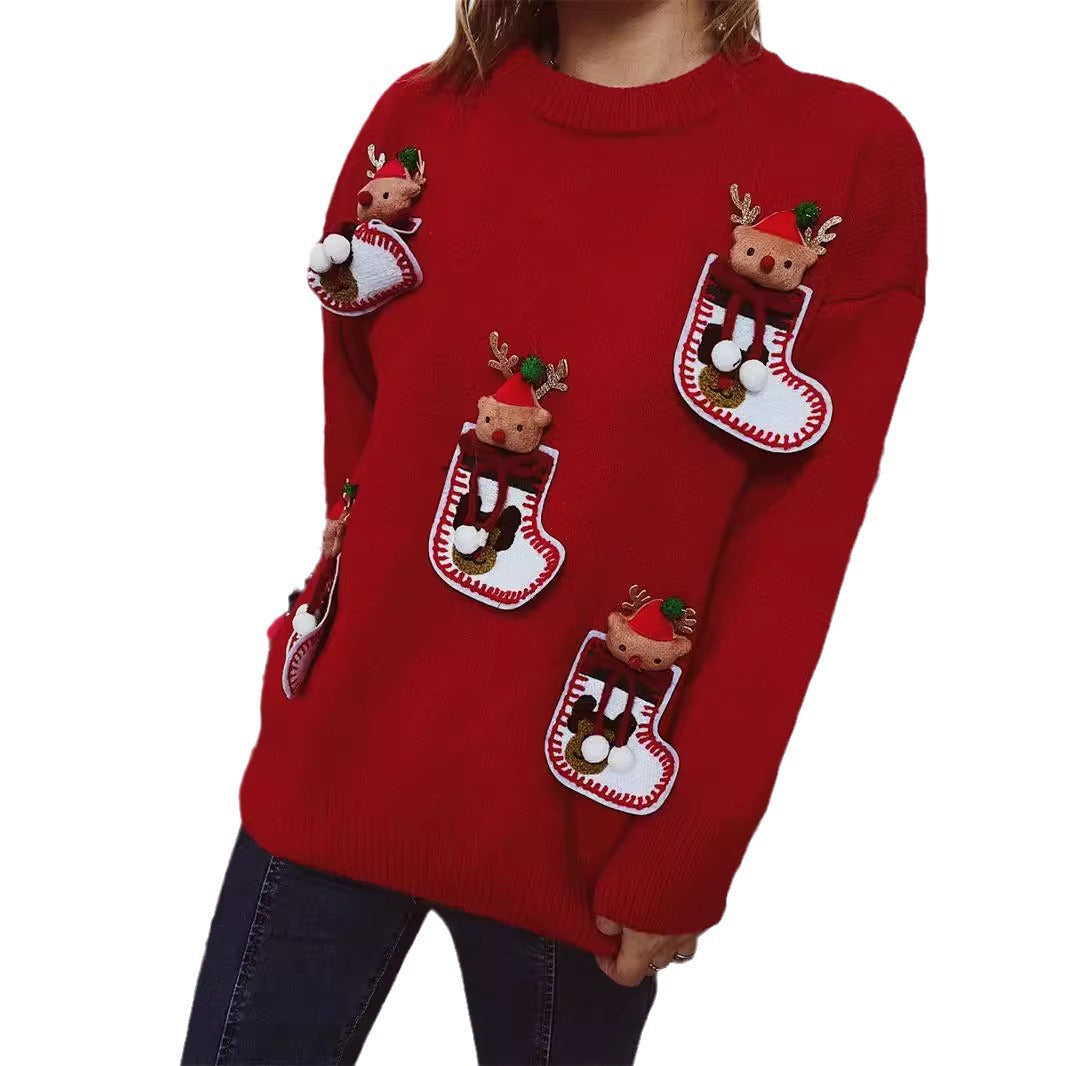 Women's Christmas Knit Sweater with Festive Reindeer Motif and 3D Details
