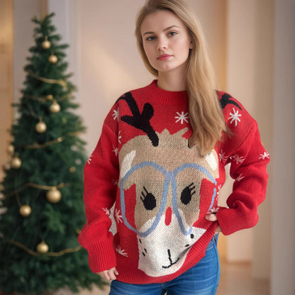 Women's Festive Sweater with Christmas Reindeer Motif and Relaxed Fit R&B