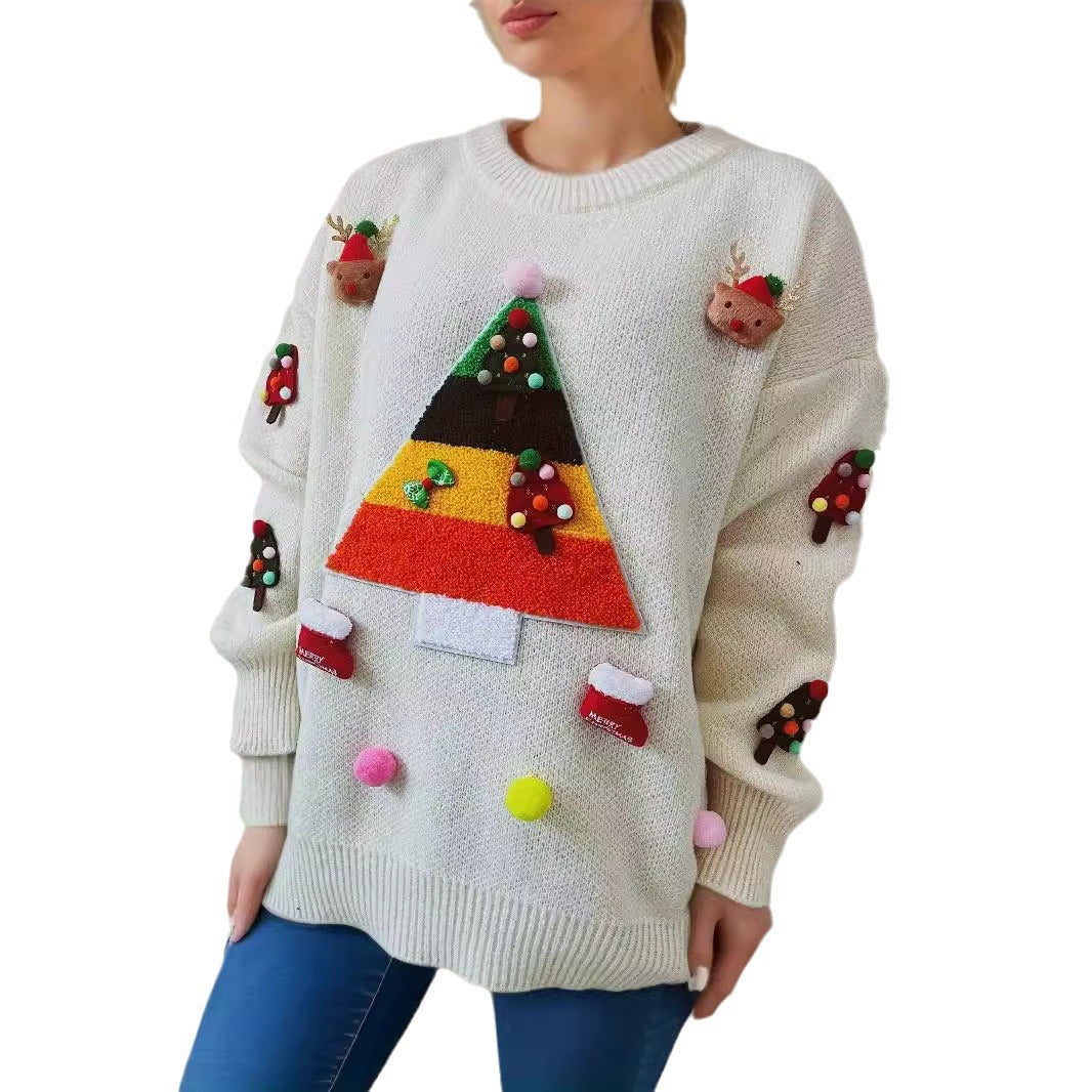 Women's Christmas Sweater with Cheerful Christmas Tree Design and 3D Appliqués R&B