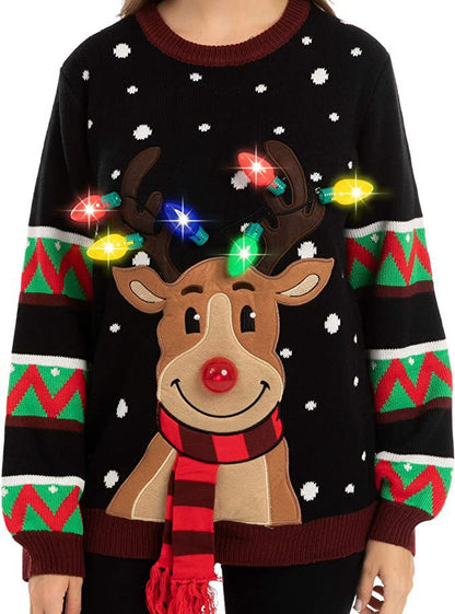 Women's Christmas Knit Sweater with Reindeer Appliqué, Built-In Fairy Lights and 3D Pom-Pom Nose