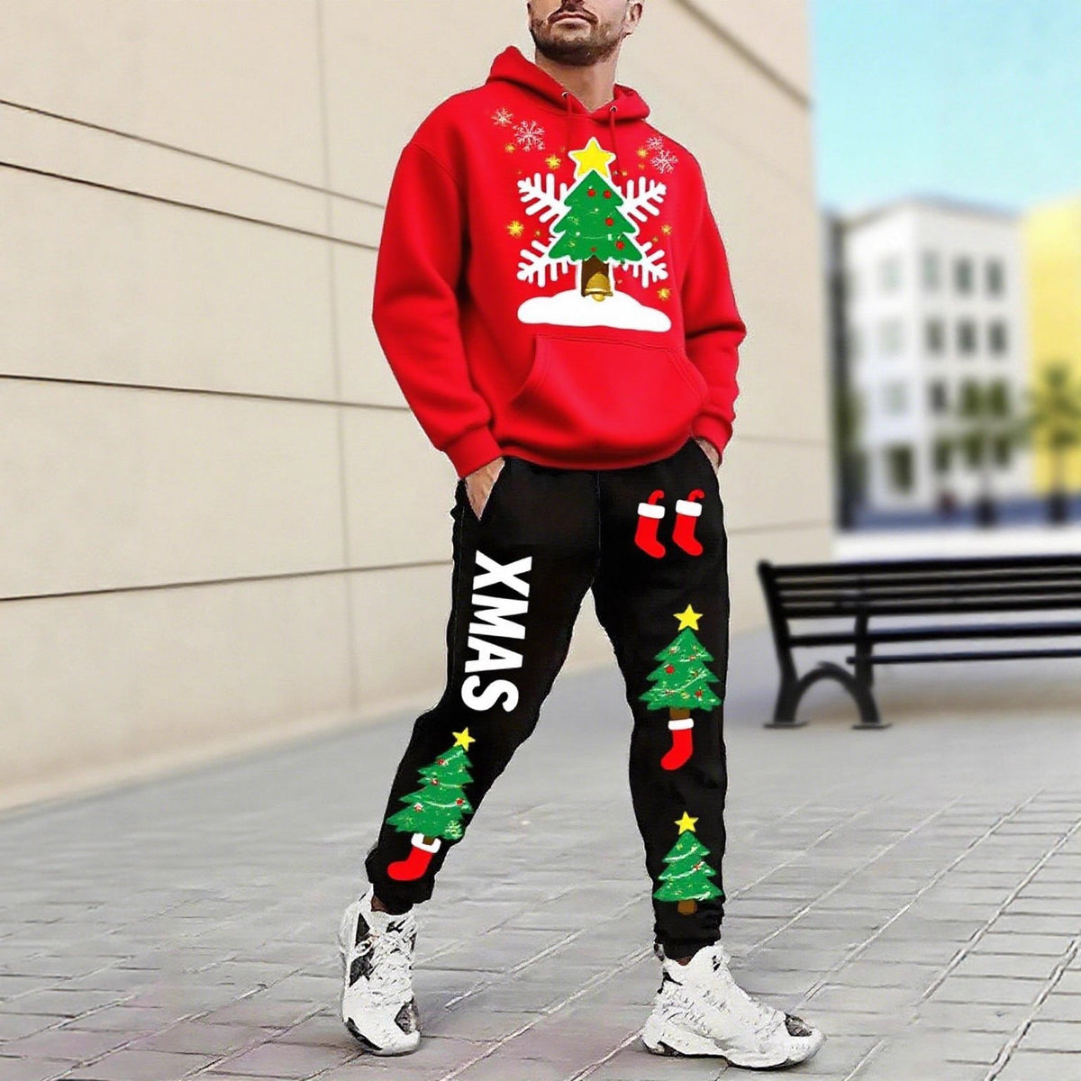Men's Christmas-Motif Hoodie and Sweatpants Set