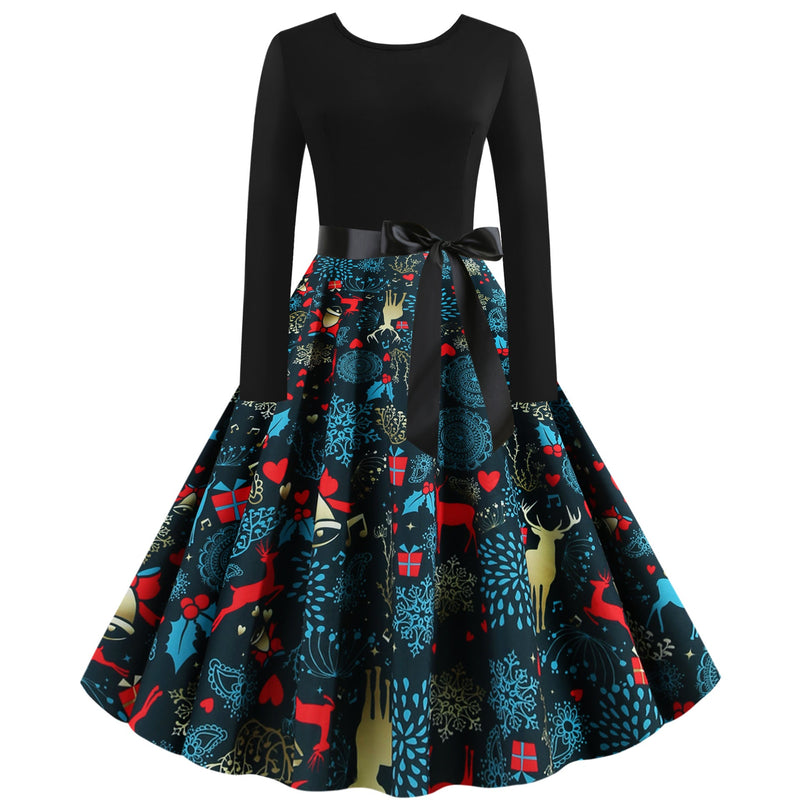 Women's Skirt with Colorful Christmas Pattern and Elegant Waist Tie
