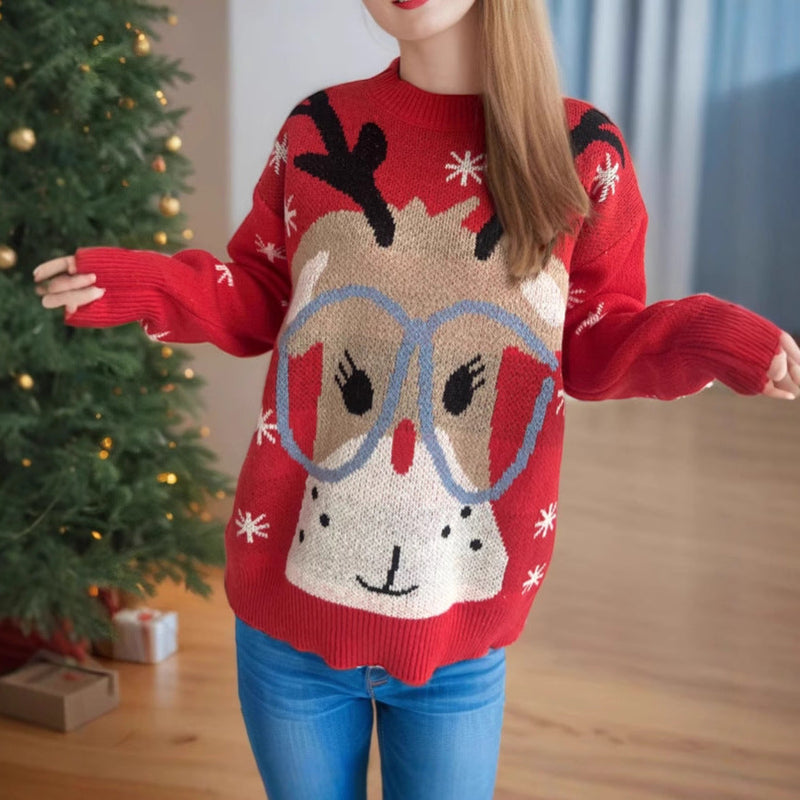 Women's Festive Sweater with Christmas Reindeer Motif and Relaxed Fit R&B