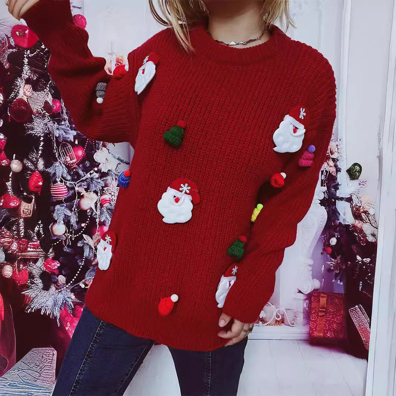 Women's Christmas Sweater with Festive Santa Motif and Textured Knit Quality R&B
