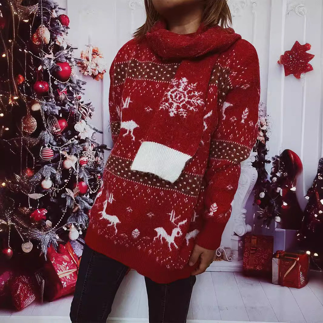 Women's Knit Sweater with Festive Reindeer Motif and High Collar