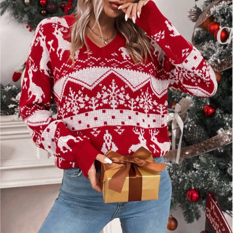 Women's Knit Sweater with Festive Reindeer Design and Deep V-Neck