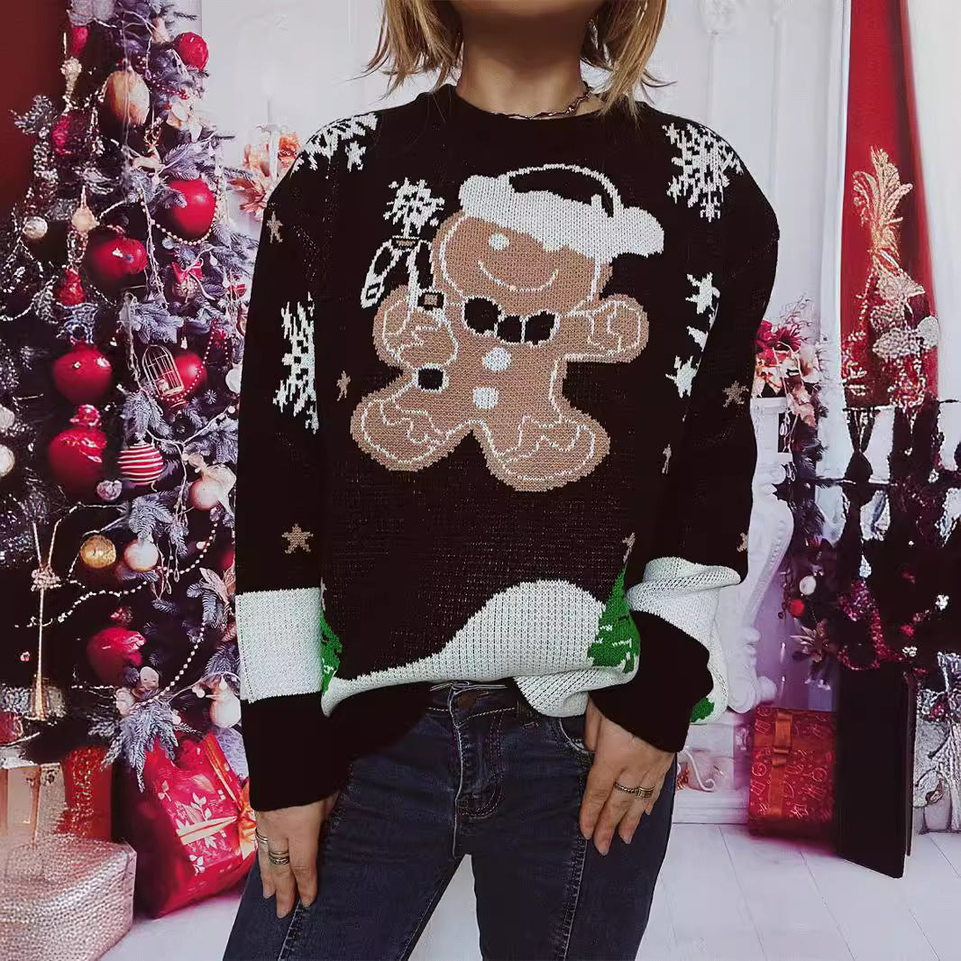 Women's Christmas Sweater with Gingerbread Motif and Crew Neck R&B