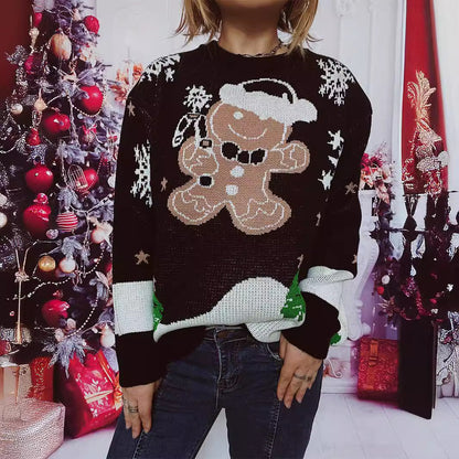 Women's Christmas Sweater with Gingerbread Motif and Crew Neck R&B