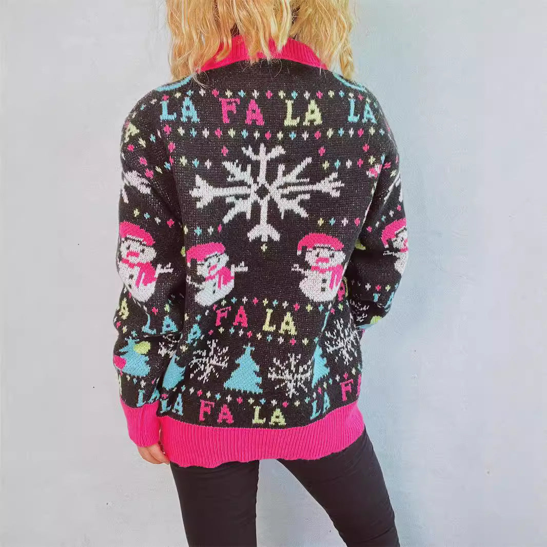 Women's Christmas Sweater with Colorful Appliqués and Festive Design