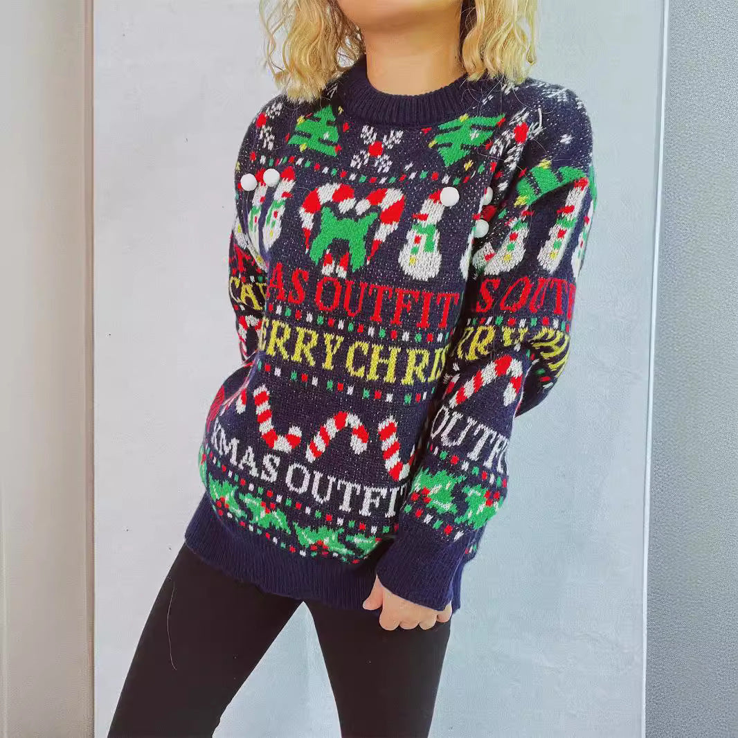 Women's Christmas Sweater with Colorful Motifs and Fun Appliqués