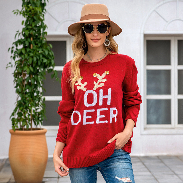 Women's Christmas Sweater with Festive Reindeer Design and Button Details