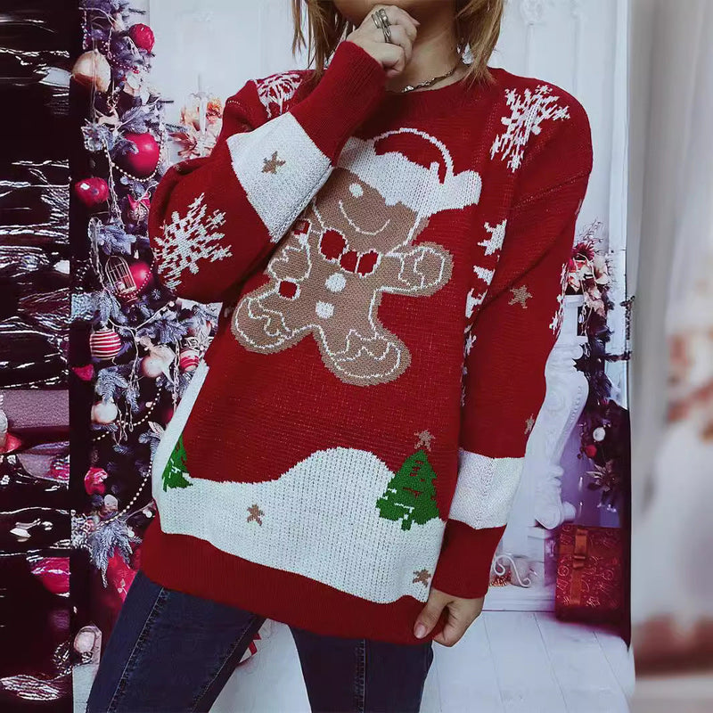 Women's Christmas Sweater with Gingerbread Motif and Crew Neck R&B
